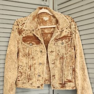 POL Rock N Roll Studded Corduroy Grunge Fray Jacket Antiqued Brown Yellow